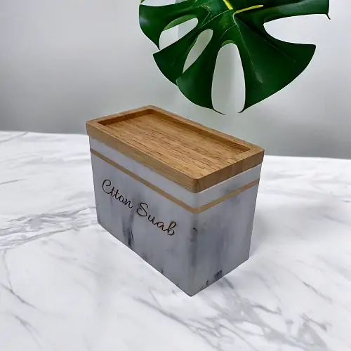 Marble Engraved Square Cotton Pot with Wooden Lid