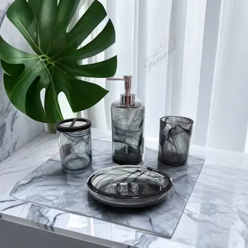 Grey Marble Brush Holder Glass Bathroom Accessory Sets-Famond R&D Factory