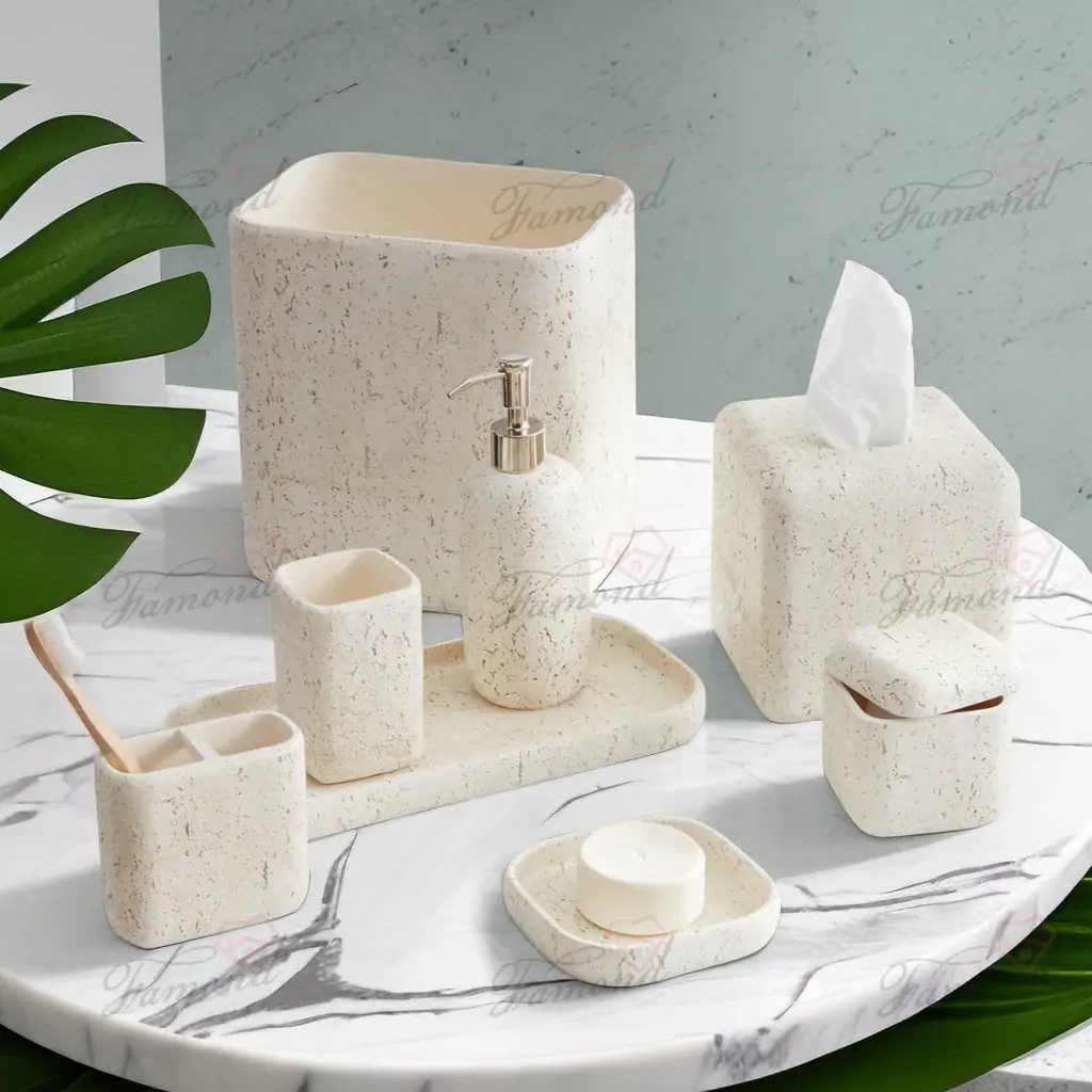 Polyresin Imitation Natural White Cave Stone Trash Can Cotton Pot Bathroom 8-piece Set-Famond R&D Factory