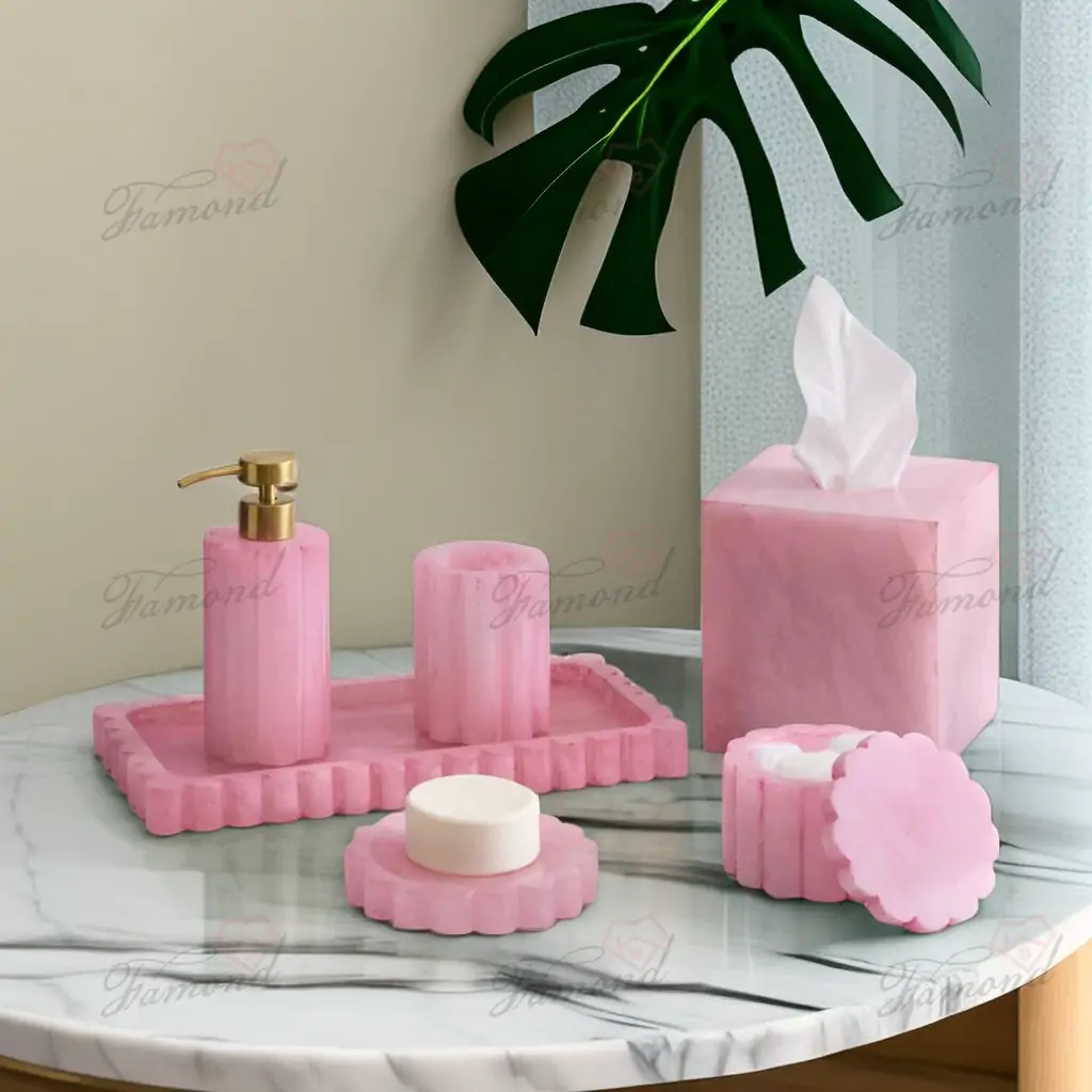 Pink Transparent Poly Resin Cute Wavy Cotton Swab Box Tissue Cover 6-piece Set-Famond R&D Factory