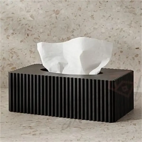 Rectangular Oval Hole Tissue Box Vertical Striped Splicing Matched Matte Black Leather Texture for The Living Room