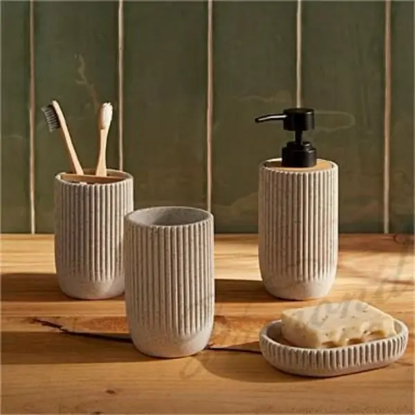 Natural Sand and Stone Striped Pattern Paired with Natural Acacia Wood Four-piece Bathroom Set  Handcrafted Resin Products-Famond R&D Factory