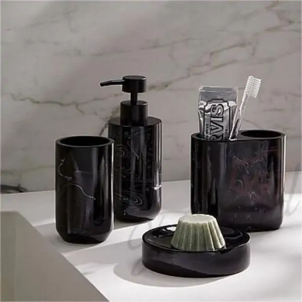 Black Glossy Resin Marble Bathroom Dispenser Bottle Set 4 Pieces Manufacturer Handcraft-Famond R&D Factory