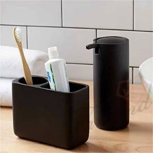 Matte Black Testured Two-hole Electric Toothbrush Holder and PE inner Lining Resin Outer Shell Soap Dispenser-Famond R&D Factory