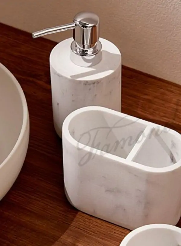 Classcial White Marble Four-piece Bathrooms Set Lotion Dispenser - Cup - Toothbrush Holder - Soap Dish-Famond R&D Factory