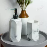 Hexagonal Cut White Marble Dispenser with Hole Electric Toothbrush Stand Five-Piece Set-Famond R&D Factory