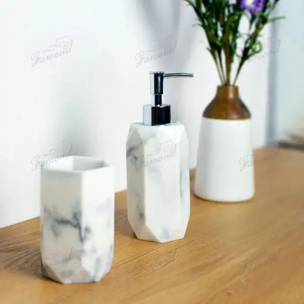 Hexagonal Cut White Marble Dispenser with Hole Electric Toothbrush Stand Five-Piece Set-Famond R&D Factory