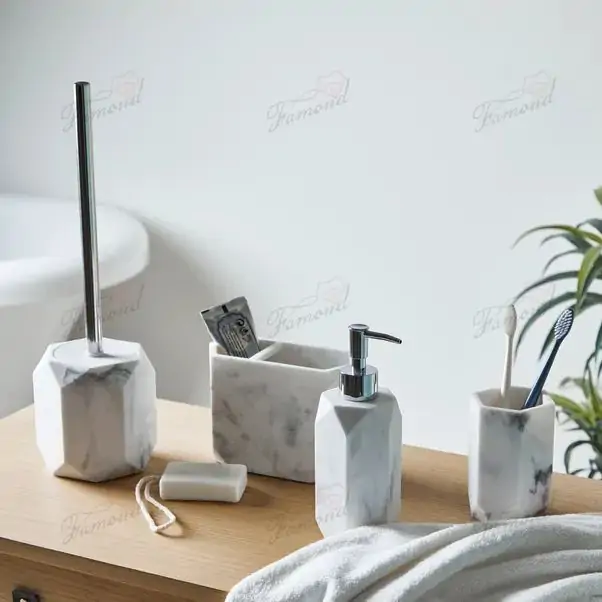 Hexagonal Cut White Marble Dispenser with Hole Electric Toothbrush Stand Five-Piece Set-Famond R&D Factory