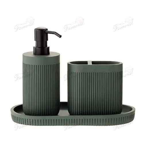 Hot selling GRS Eco-Friendly Resin Dark Green Shower Tray 3-Piece Set with Soap Dispensers Toothbrushes Holder-Famond R&D Factory