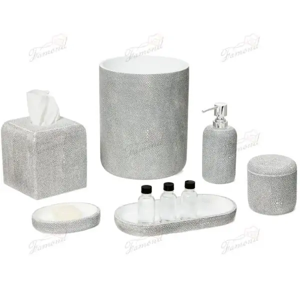 Seven-piece Bathroom Set Faux Leather Waste Bin Tissue Box and Cotton Swab Jar Made of Resin-Famond R&D Factory