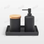 Resin Bathroom Three-piece Set Soap Dispenser Cotton Bud Jar with Wooden Lid Rectangular Tray-Famond R&D Factory