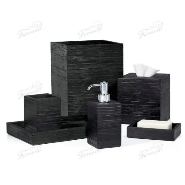 Black Slate-Look Bathroom Accessory Set with Tray and Cotton Jars Square Tissuecovers 7 Pieces Sets-Famond R&D Factory