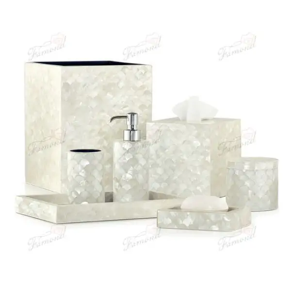 Luxurious Shell Series Seven-Piece Bathroom Set Handmade Resin Craft for Hotels Trays for Jewellery -Famond R&D Factory