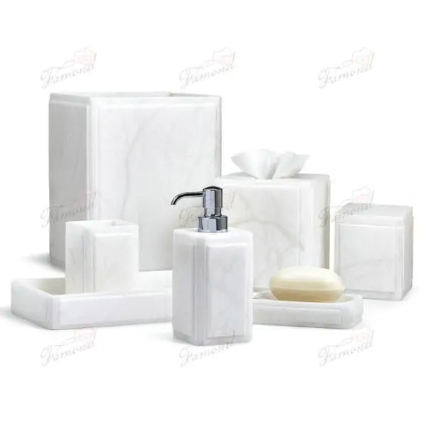 Elegant Square White Marble Bathroom Seven-Piece Set Garbage Can and Tissue Holder Resin Accessory Sets-Famond R&D Factory