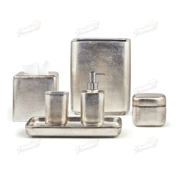 Wrinkled Texture Gold and Silver Foil Resin Bathroom Accessory Set with Rose Gold Tray Cotton Jar 7-piece Set-Famond R&D Factory