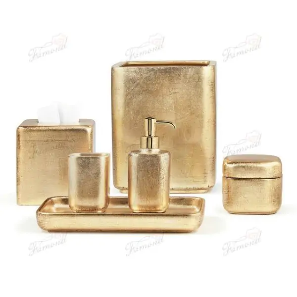 Wrinkled Texture Gold and Silver Foil Resin Bathroom Accessory Set with Rose Gold Tray Cotton Jar 7-piece Set-Famond R&D Factory