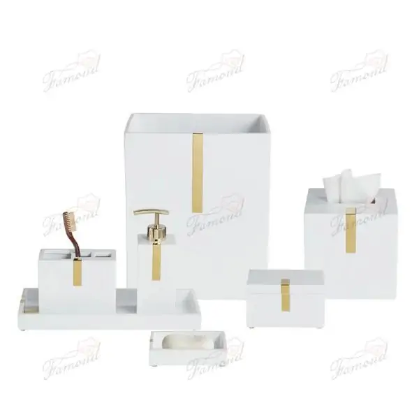 Highlights Black White hardware White Lotion with Resin Gold Hardware Aquare Hotel Polyresin Bathroom Set-Famond R&D Factory