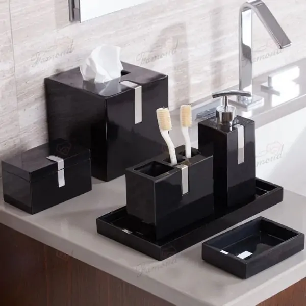 Highlights Black White hardware White Lotion with Resin Gold Hardware Aquare Hotel Polyresin Bathroom Set-Famond R&D Factory