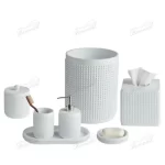 White Cylindrical Bathroom Accessory Set with dots Seven-piece Square Tissue Box Oval Trays and Round Trash Can-Famond R&D Factory