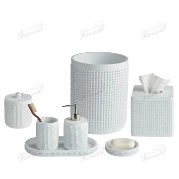 White Cylindrical Bathroom Accessory Set with dots Seven-piece Square Tissue Box Oval Trays and Round Trash Can-Famond R&D Factory