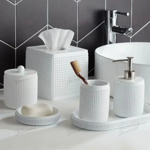 White Cylindrical Bathroom Accessory Set with dots Seven-piece Square Tissue Box Oval Trays and Round Trash Can-Famond R&D Factory