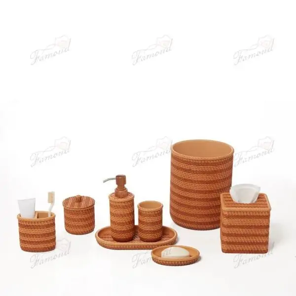 Brown Rattan Two-tone with Solid Wood Pump Head Bathroom Eight-piece Set Oval Toothbrush Holders Trays Set-Famond R&D Factory