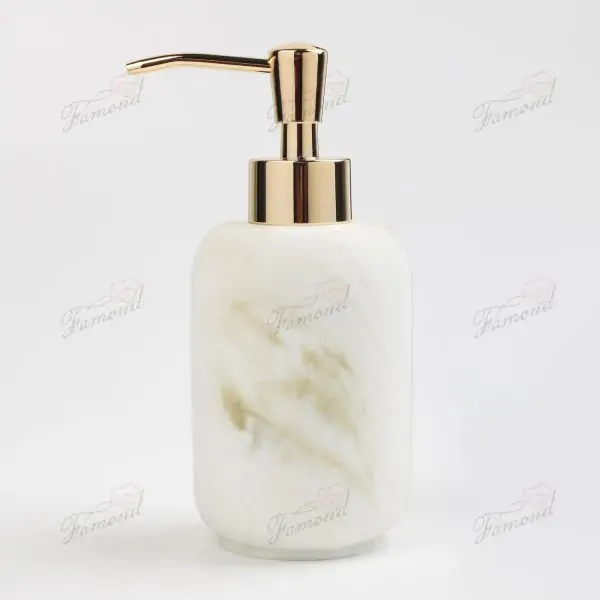 White Marble Top Painted Rose Gold Lines Bathroom Dispenser Bottle Cup Soap Tray Three-piece Set-Famond R&D Factory