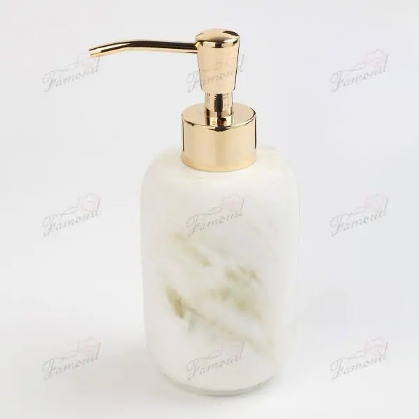 White Marble Top Painted Rose Gold Lines Bathroom Dispenser Bottle Cup Soap Tray Three-piece Set-Famond R&D Factory