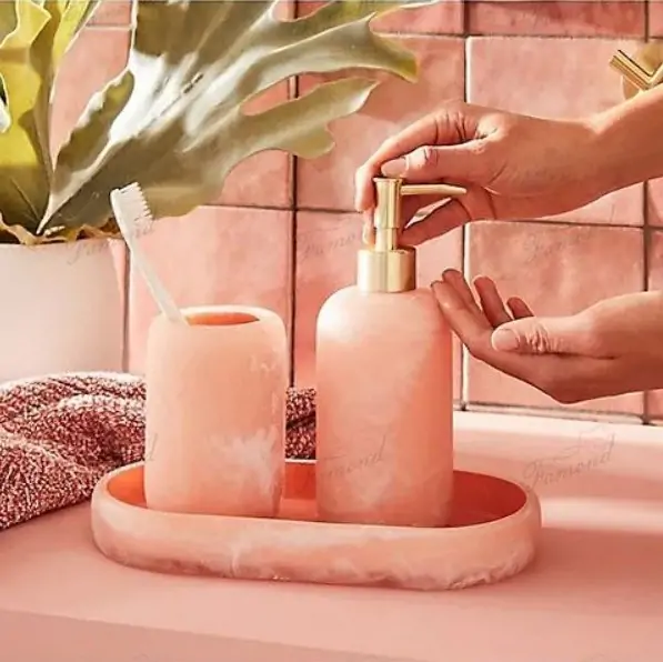 Pink Marble Bathroom Set with Clear Resin Spray Paint with TPR Toilet Brush Holders-Famond R&D Factory