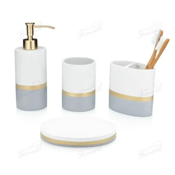 White Sand Mosaic Warm Gray 3 C with Gold Lines Cylindrical Shape Golden Pump Soap Lotion Tumblers Toothhbrush Holders Soapdish-Famond R&D Factory