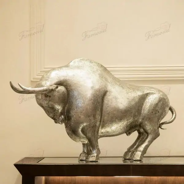 Handcrafted Resin Bull Statue with Silver Foil and Leather-Like Finish - Perfect for Any Modern Home