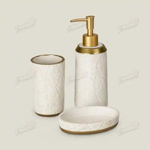 Embossed Leaf Texture White Sand Stone Painted Gold Bathroom Three-piece Resin Bathrooms Suite-Famond R&D Factory