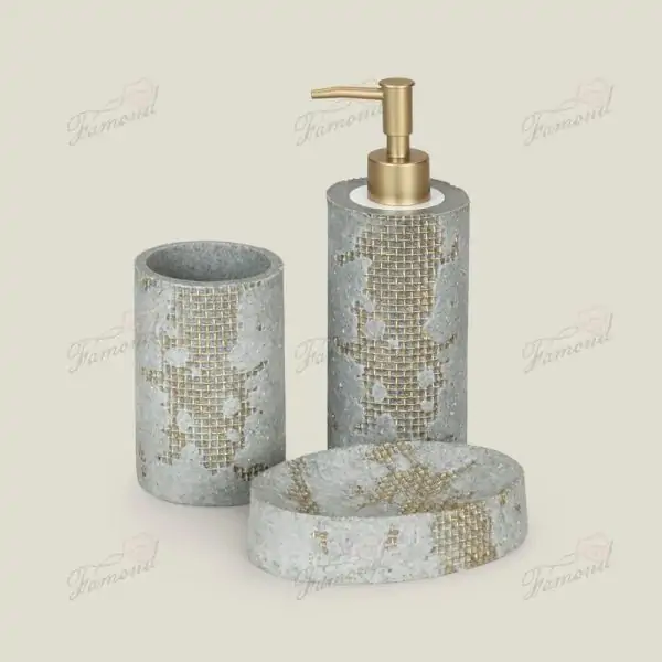 Vintage Retro Bathroom 3-Piece Set: Aged Cement with Exposed Gold Mesh Dispenser Tumbler & Soap Dish-Famond R&D Factory