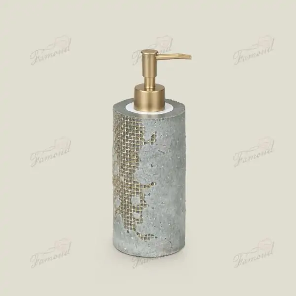 Vintage Retro Bathroom 3-Piece Set: Aged Cement with Exposed Gold Mesh Dispenser Tumbler & Soap Dish-Famond R&D Factory