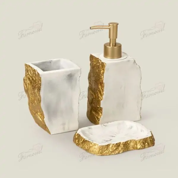 Handcrafted White Marble Effect Resin Bathroom Set: 3-Piece Golden Foil Accented Collection - Dispensers Tumblers  & Soap Dishes-Famond R&D Factory