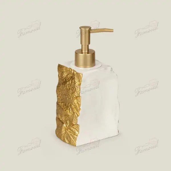 Handcrafted White Marble Effect Resin Bathroom Set: 3-Piece Golden Foil Accented Collection - Dispensers Tumblers  & Soap Dishes-Famond R&D Factory