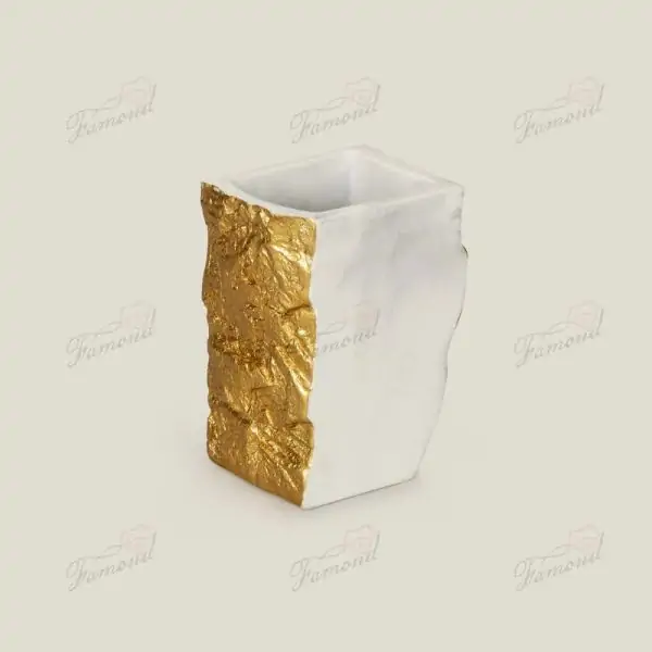 Handcrafted White Marble Effect Resin Bathroom Set: 3-Piece Golden Foil Accented Collection - Dispensers Tumblers  & Soap Dishes-Famond R&D Factory