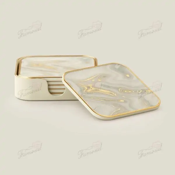 Square White Marble Coasters Golden lines 4 pcs Set with a storage Box HHigh-end Kitchen Accessories-Famond R&D Factory