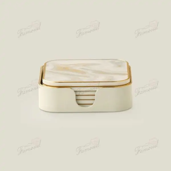 Square White Marble Coasters Golden lines 4 pcs Set with a storage Box HHigh-end Kitchen Accessories-Famond R&D Factory