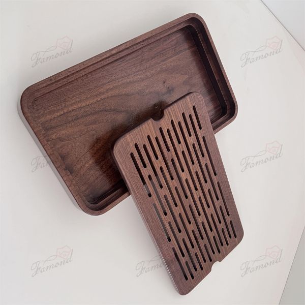 Handcrafted Walnut Wood Mobile Slatted Tea Tray Chinese Classical Style Made by Chinese Wood Factory