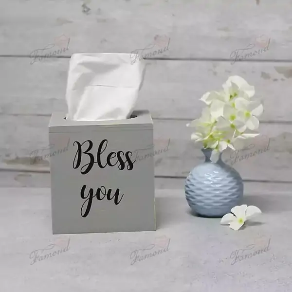 'Bless You'  Resin Wood Elegant Gray Square Tissue Box with