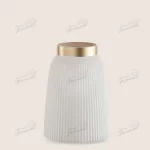 White Sandstone Vase with Vertical Lines and Gold Brushed Rim