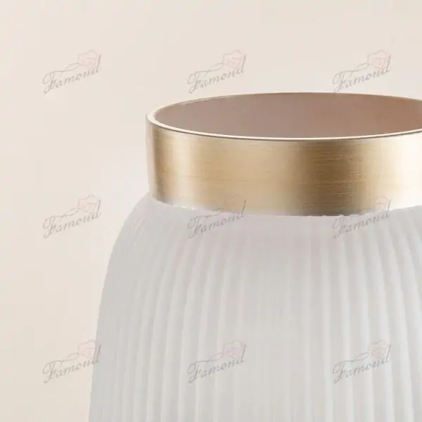 White Sandstone Vase with Vertical Lines and Gold Brushed Rim