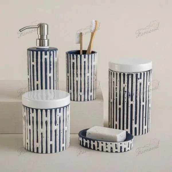 Navy Blue Bath Set with Raised White Irregular Square Grid Cotton Jars in Different Heights