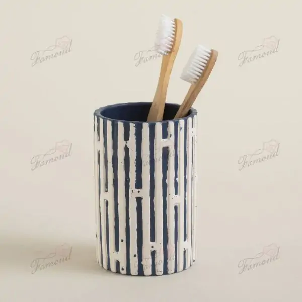 Navy Blue Bath Set with Raised White Irregular Square Grid Cotton Jars in Different Heights