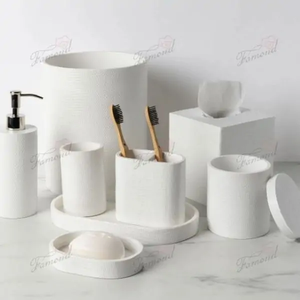 Elegant White Resin Bathroom 7-Piece Set with Tissue Box and Trash Bin