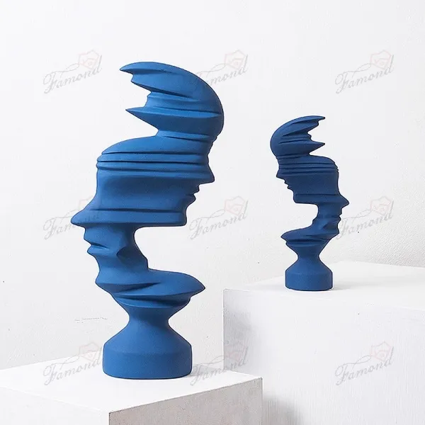 Tech-Style Linear Design Blindfolded Head Sculpture with Flocking in Klein Blue Resin Home Decor