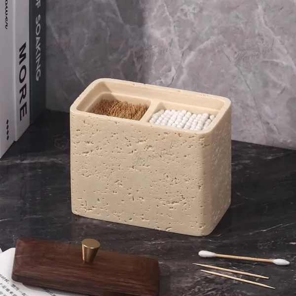 Single or Double Compartment Premium Resin Cave Stone Dental Floss/Pick/Q-tip Accessories Organizer - Solid Wood and Metal Lid