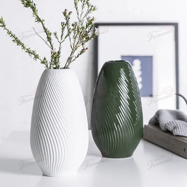 Twisted Lines Tapered Oval Vase Minimalist White & Fresh Mint Green Handcrafted Home Decor