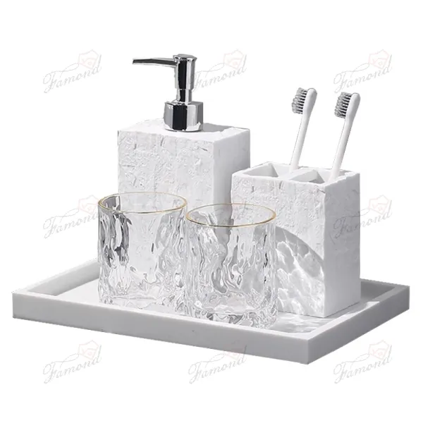 Natural Stone Effect Textured Resin Bathroom Set - Lotion Bottle, Toothbrush Holder, Cotton Jar, and Tray